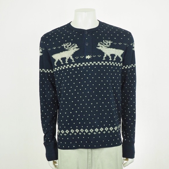 Polo Ralph Lauren Henley Tee Shirt Mens Large Blue Vtg Nordic Reindeer Fair Isle
